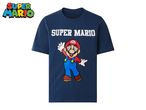 Blue short-sleeved t-shirt with a large graphic of a cartoon plumber character and the text 'SUPER MARIO'.