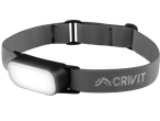 Grey headlamp with a white light and an adjustable strap.