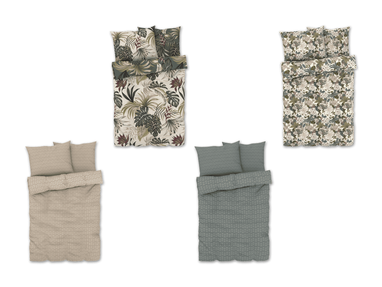 Vier Bettwäschesets, zwei mit floralen Mustern und zwei mit geometrischen Mustern.