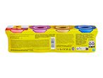 A yellow box of four colorful playdough containers, with product information and recycling symbols.