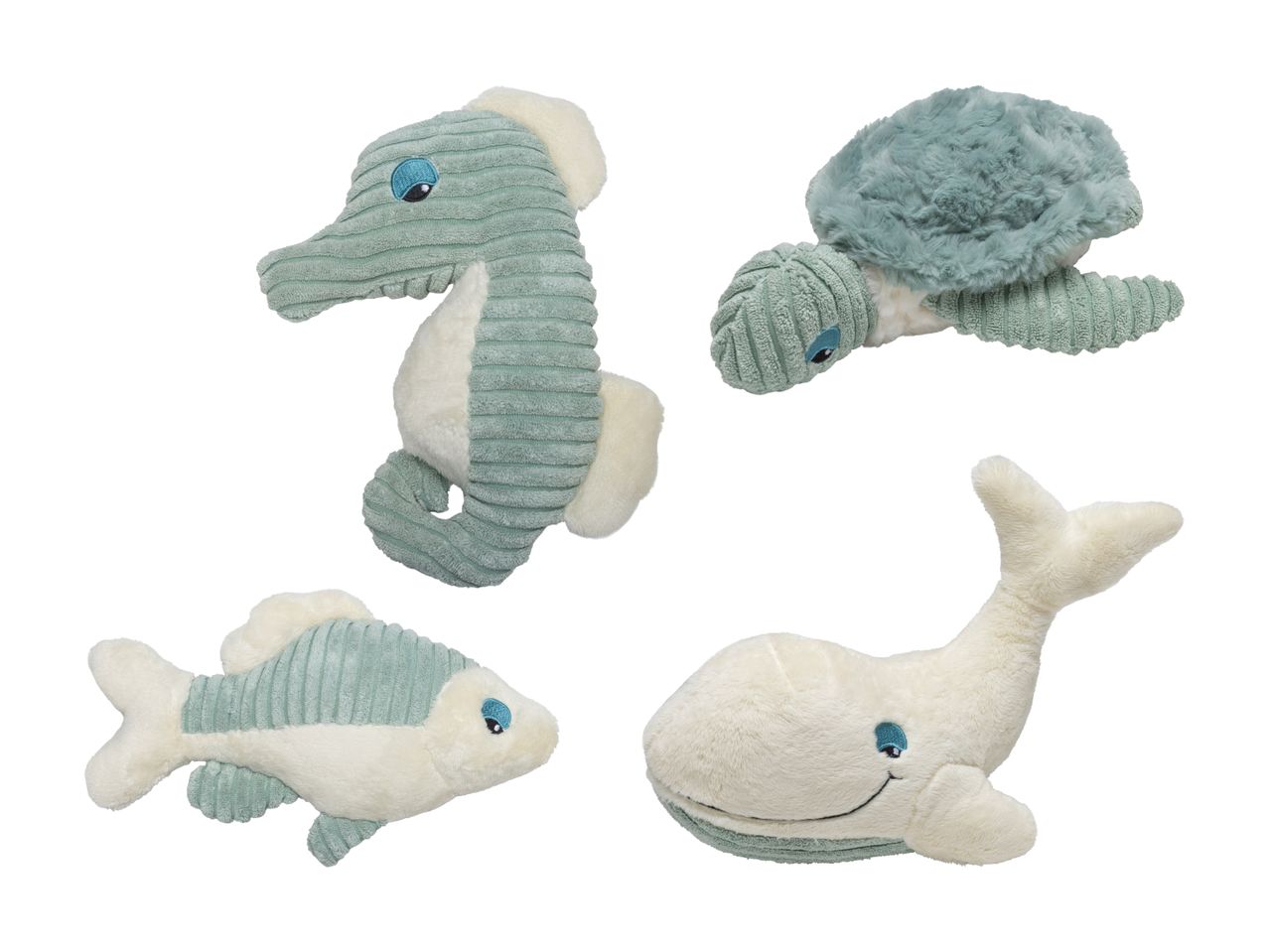 Ensemble de trois jouets en peluche : un hippocampe, une tortue et un poisson, sur le thème marin.