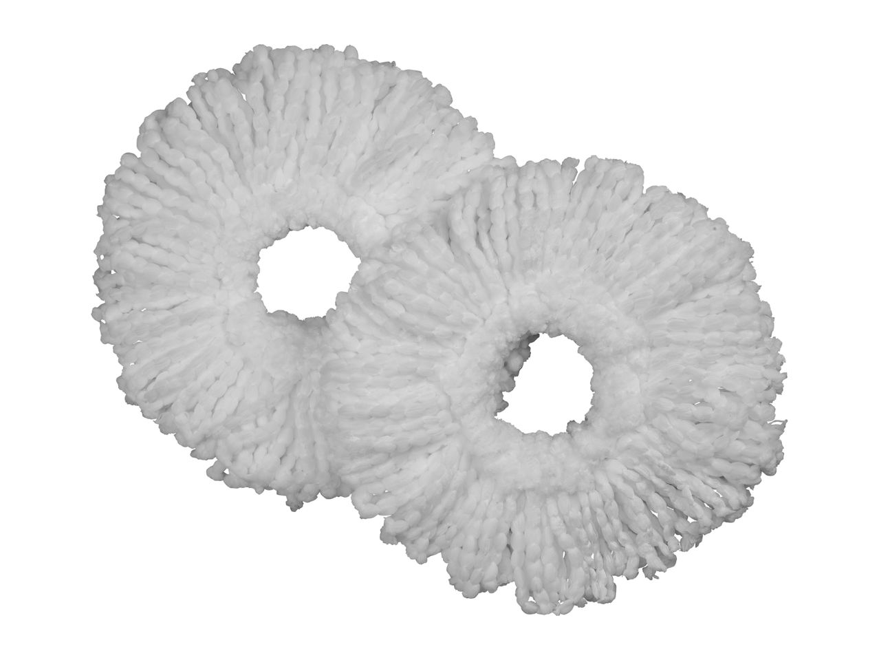 Two white microfiber mop heads are shown, overlapping slightly.