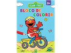 Livro de colorir da Rua Sésamo com Elmo numa bicicleta, borboletas e um lápis vermelho.
