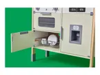 Wooden play kitchen with oven, dishwasher, and fridge with ice dispenser.