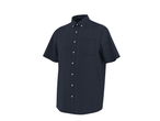 Dark blue short-sleeved button-down shirt with a collar and a single chest pocket.