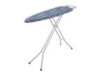 An ironing board with a blue and white swirled pattern cover.