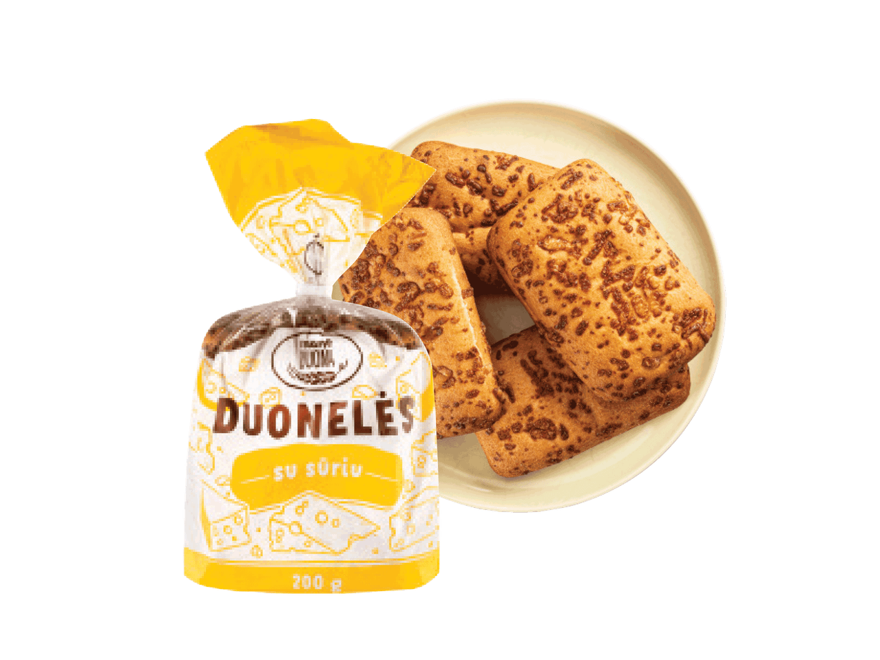 Pakuotė su sūrio duonelėmis ir lėkštė su iškeptomis duonelėmis