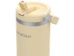 A beige SilverCrest travel mug with a flip-top lid.
