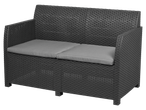 Dark gray outdoor sofa with cushions, synthetic wicker design.