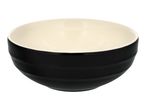 Black ceramic bowl with a cream-colored interior, isolated on a white background.