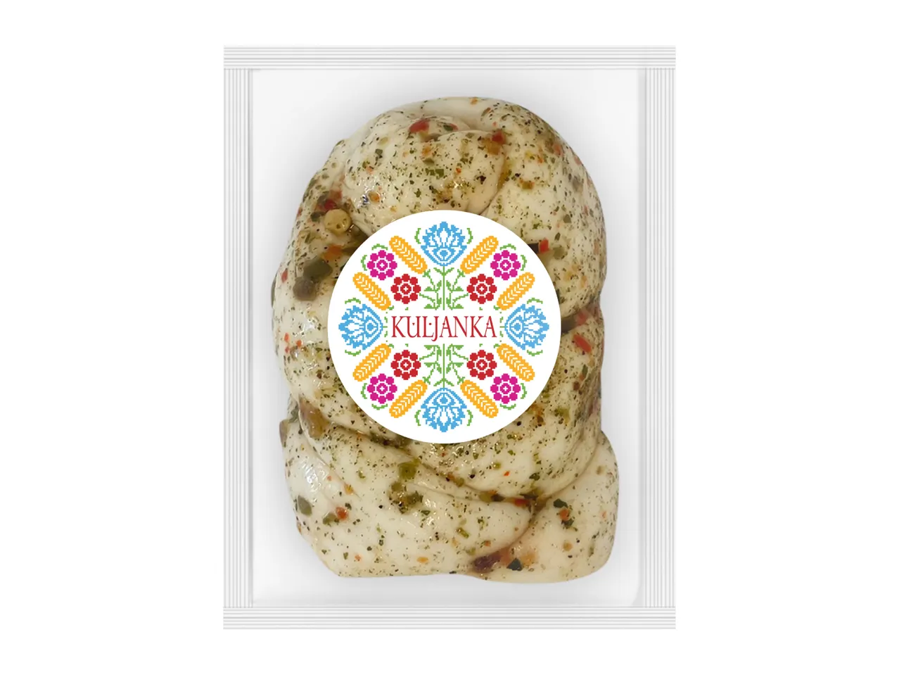 Braided cheese with herbs in clear packaging, featuring a colorful folk-art label.