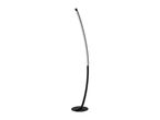 Modern curved black LED floor lamp with a round base