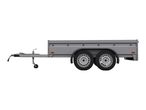 A gray single-axle trailer with a flatbed and two wheels is shown in profile view against a white background.