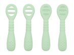 Four light green silicone baby spoons with textured handles and heads, two with slotted heads.