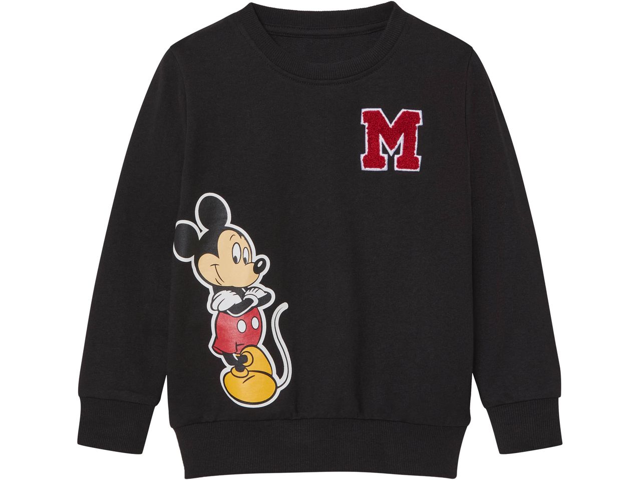 Black Mickey Mouse sweatshirt with a red 'M' patch