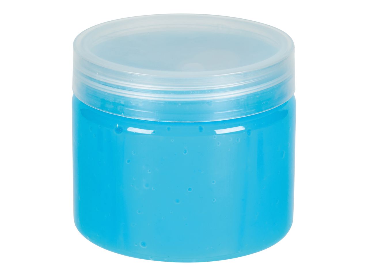 A clear plastic jar with a light blue gel inside and a translucent lid.