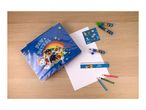 A children's art set with crayons, stencils, and a drawing pad.
