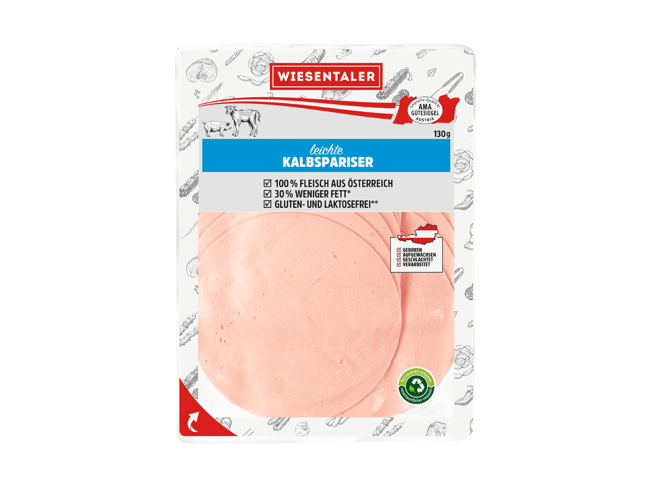 Wiesentaler leichte Kalbspariser, 130g Packung mit AMA Gütesiegel und Herkunftsangaben.