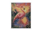 Diamond painting kit featuring a flamingo at sunset by a tropical pond.