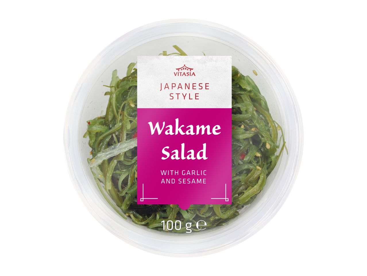 Japanese style wakame salad with garlic and sesame in a clear plastic container, 100g