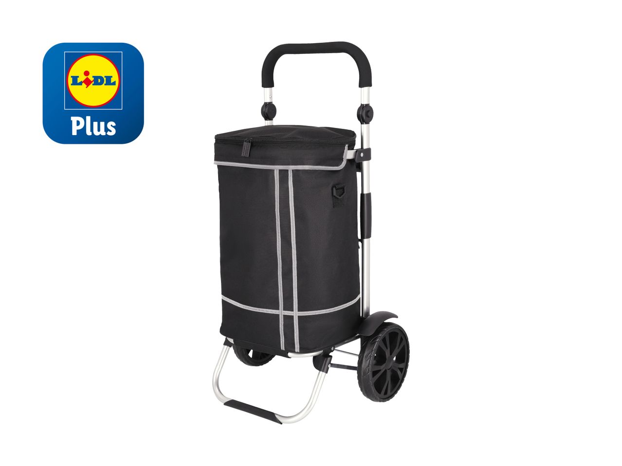 Un chariot de courses noir Lidl Plus avec un sac en tissu robuste et de grandes roues.