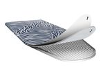 An ironing board cover with a blue and white swirly pattern, showing two layers underneath.