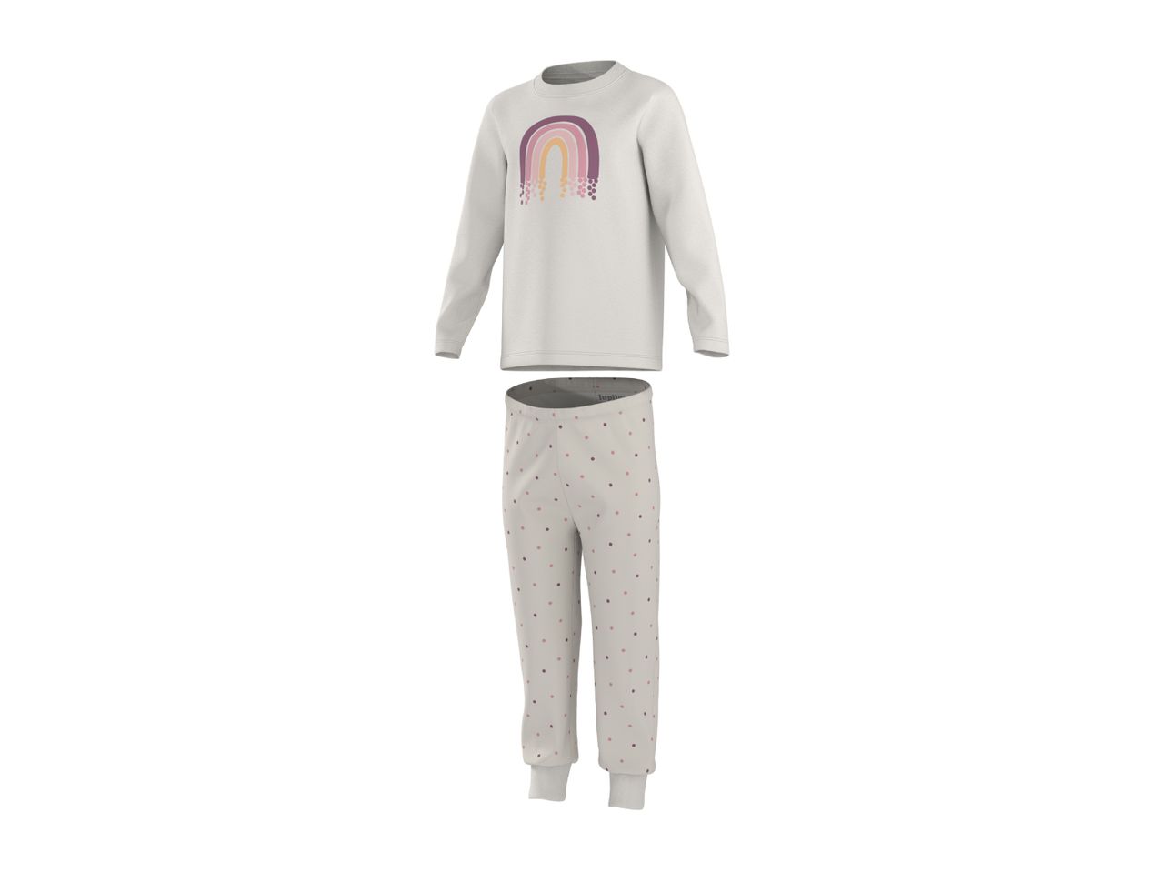 White long-sleeved pajama set with a rainbow graphic and polka dot pants.