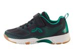 Children's athletic shoes; black with green accents.