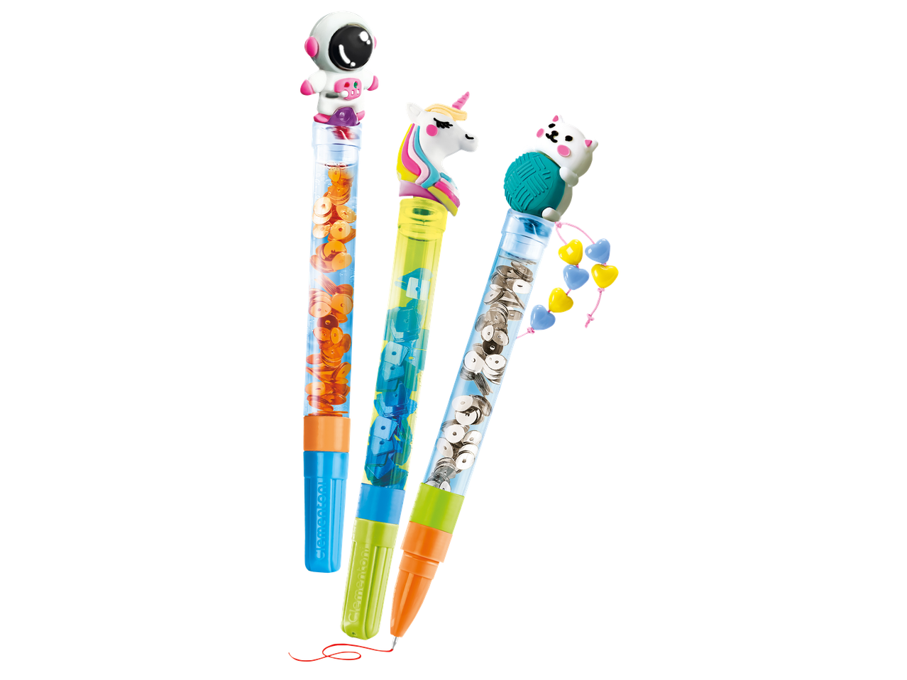 Три химикалки с декорации на астронавт, еднорог и котка, пълни с пайети.