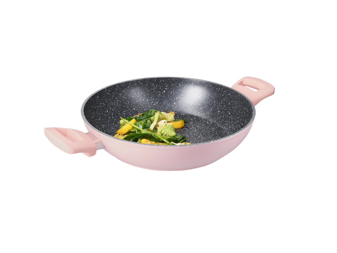 Pink Serving Pan with sauteed vegetables.