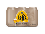 Een sixpack Leffe Blond blikjes bier met 6,6% vol.