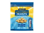 Salt & Vinegar Peanuts in a resealable pouch, highlighting high fibre and protein, with nutritional info.