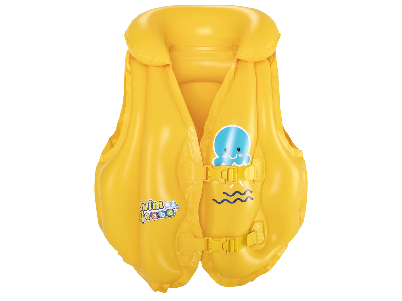Жълта надуваема жилетка за плуване с щампа на октопод и надпис „Swim Safe ABC“.