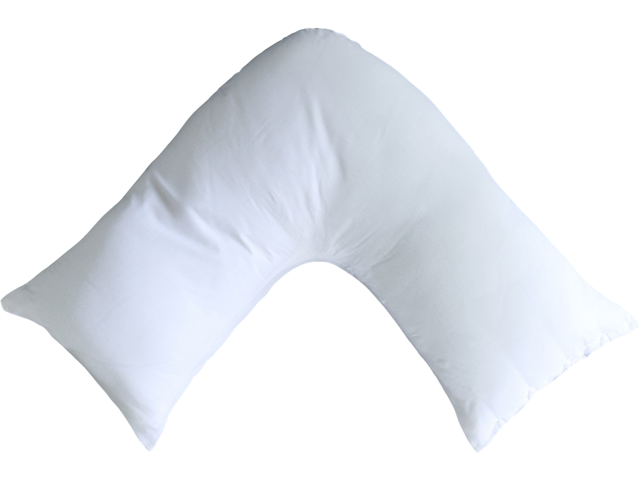 A white V-shaped body pillow isolated on a black background.