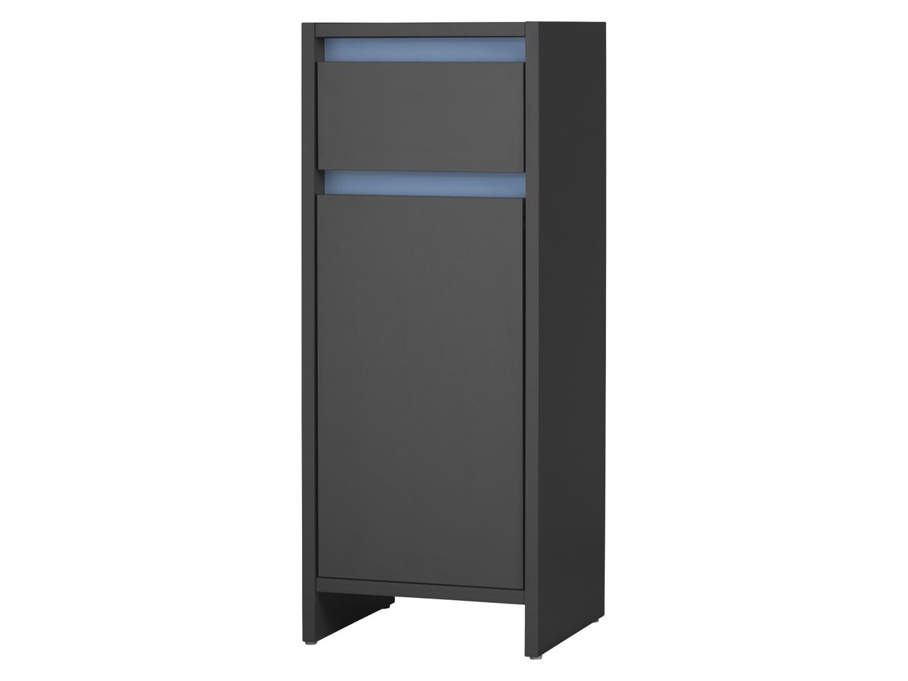 A dark gray cabinet with two drawers and a light blue accent strip.