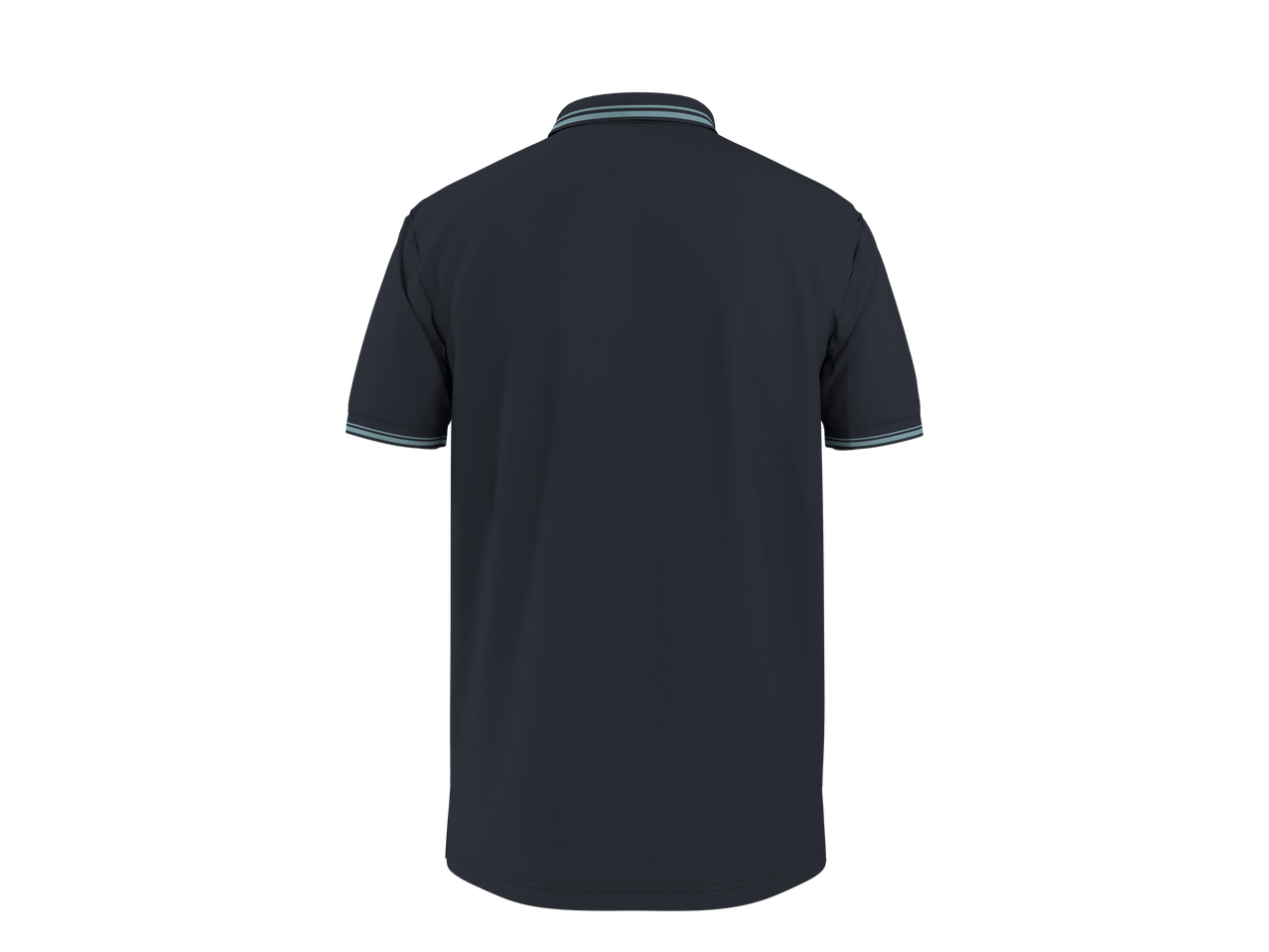 T-shirt polo ESMARA MEN azul-escura com gola e mangas listradas, vista traseira.