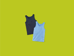 Two children's tank tops, one navy and one light blue, on a green background.