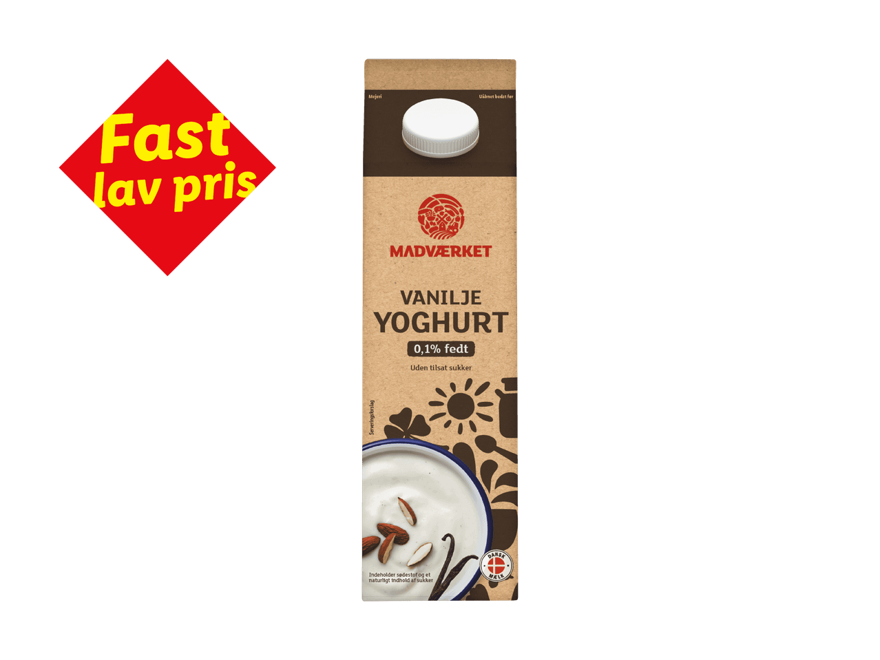 Vaniljeyoghurt med 0,1% fedt og teksten 'Fast lav pris' på en rød baggrund.