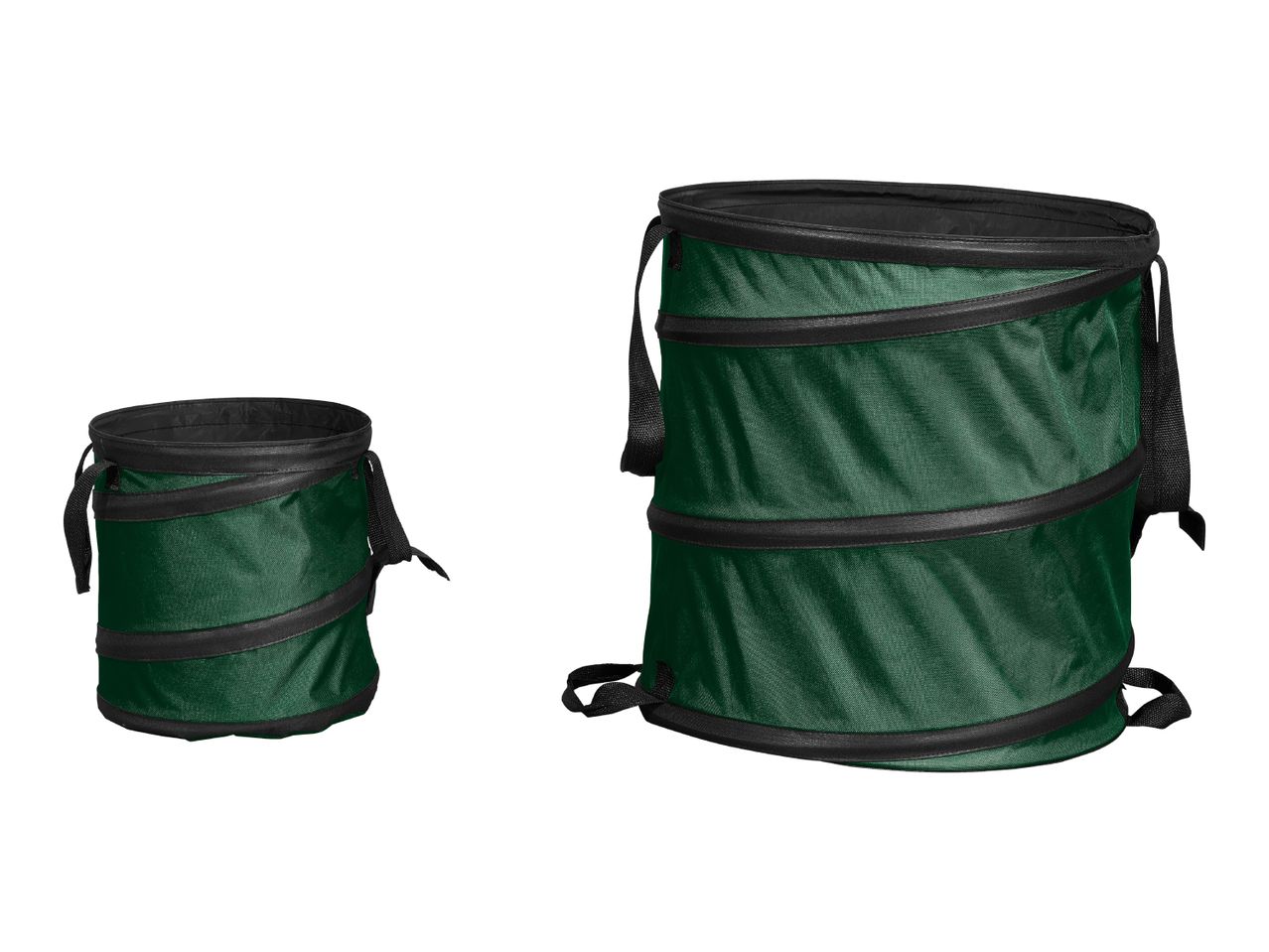 Two collapsible green garden bags, one small and one large, with black trim and handles.