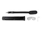 A shoulder strap, a protective cover, safety glasses, and an L-shaped hex key.