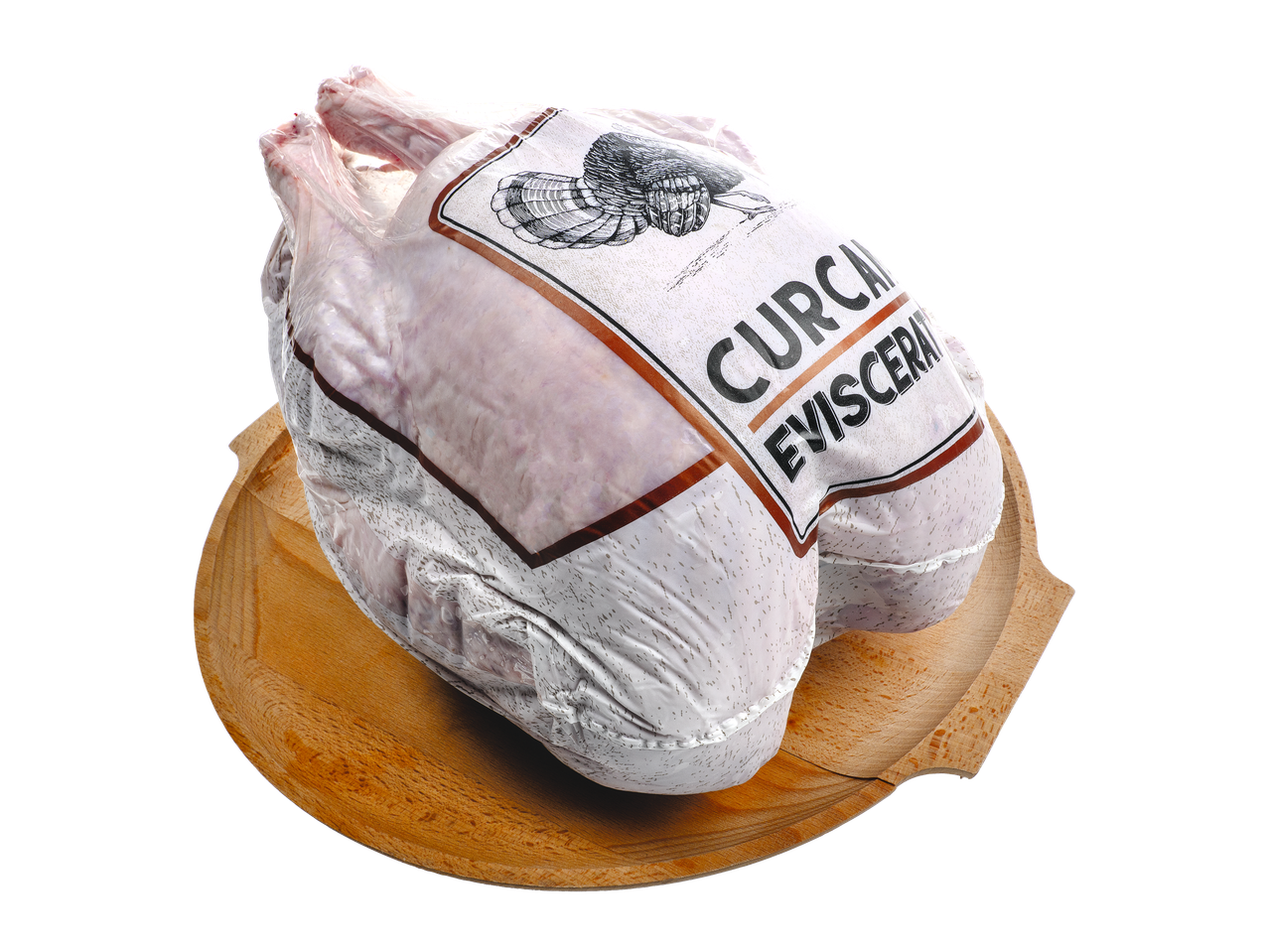 Curcani congelați pe o tavă de lemn.