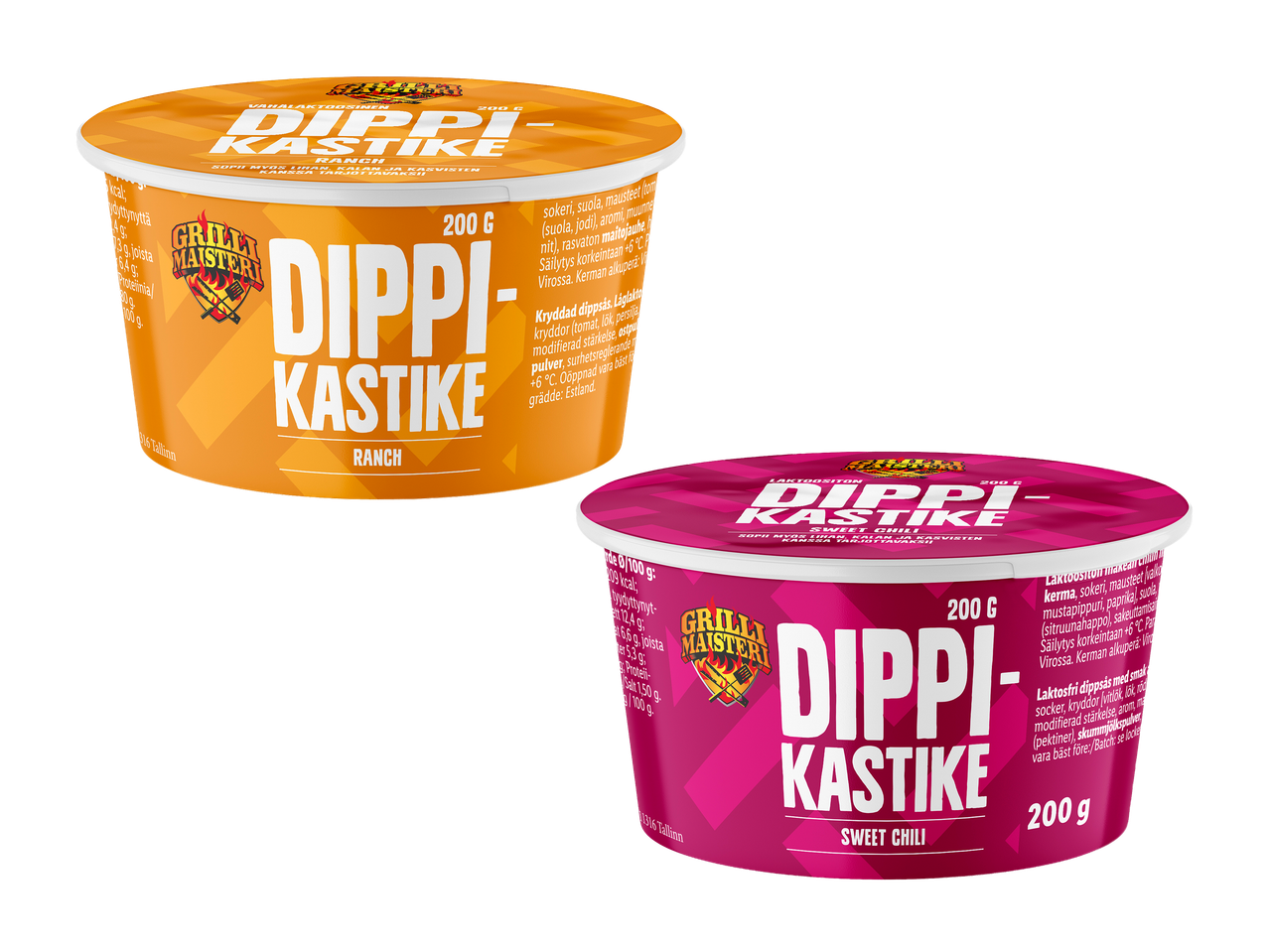 Kaksi dippikastiketta, toinen ranch- ja toinen sweet chili -makuinen.