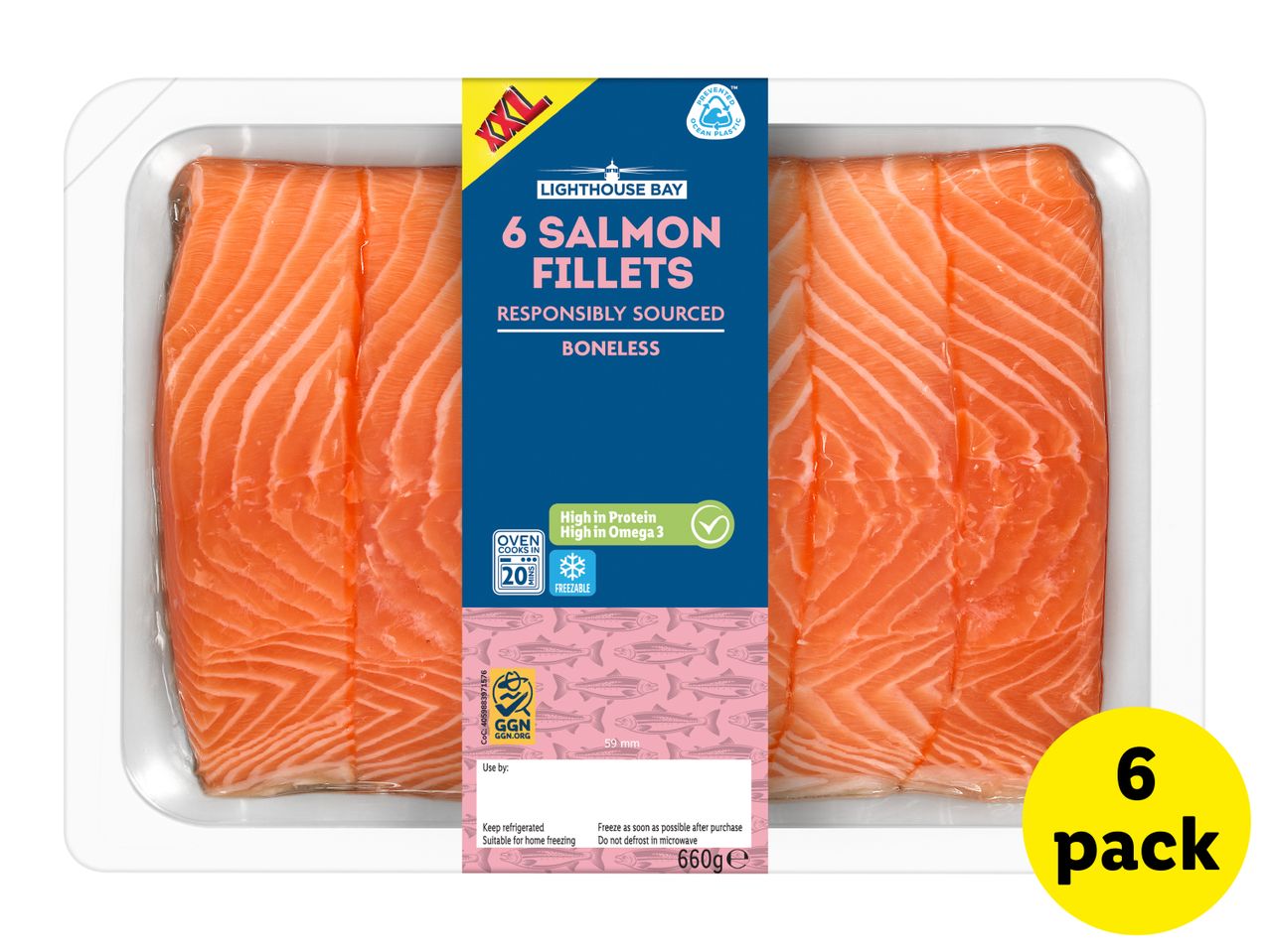 A 6-pack of fresh, boneless salmon fillets in a 660g tray.