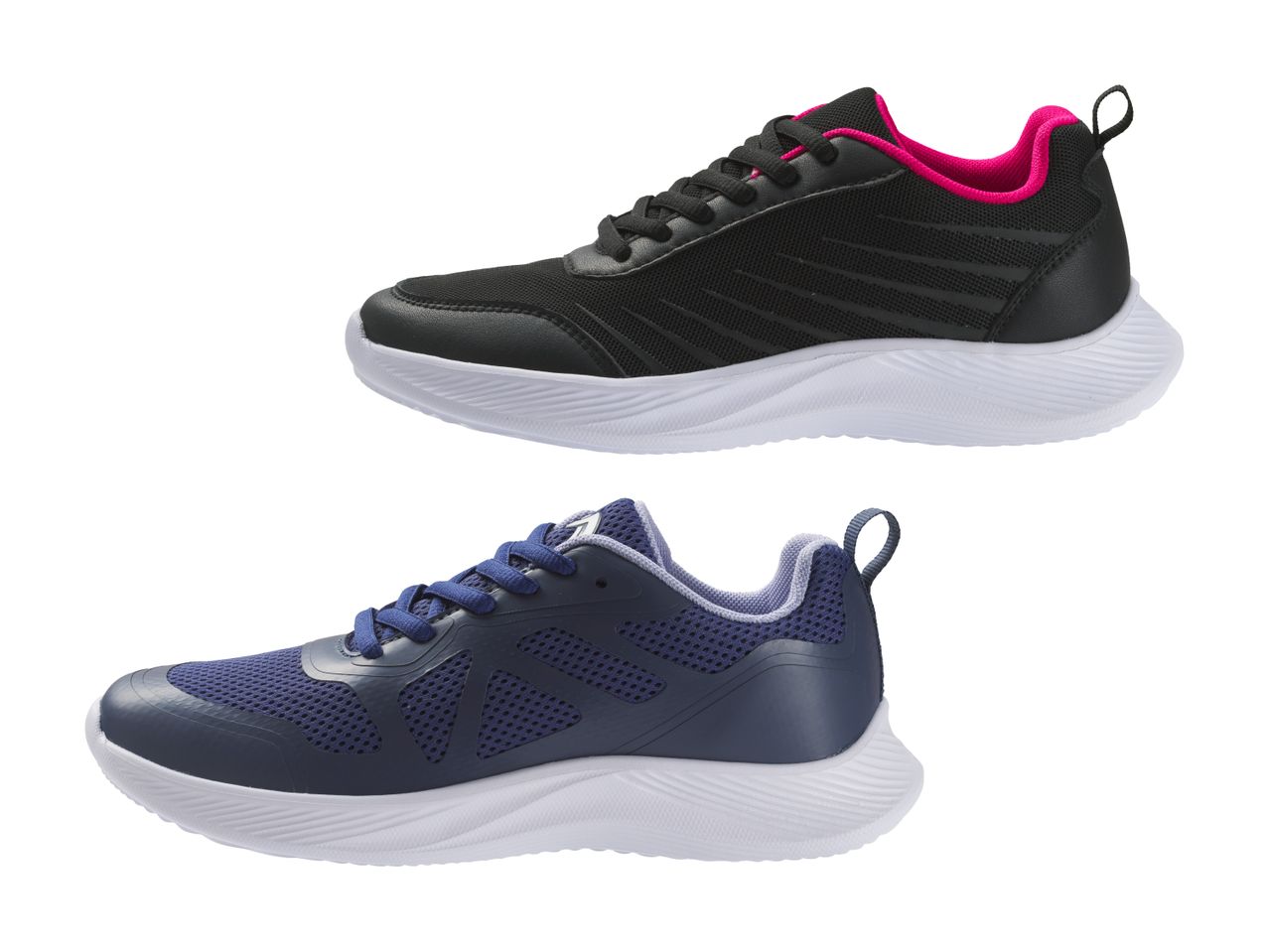 Zwei Paar Sportschuhe, einer schwarz mit pinken Akzenten, der andere dunkelblau.