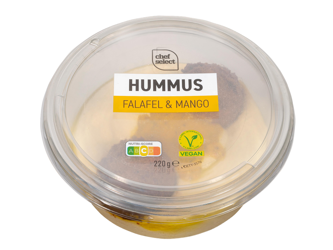 Hummusz falafellel és mangóval, 220g, Nutri-Score C, vegán.