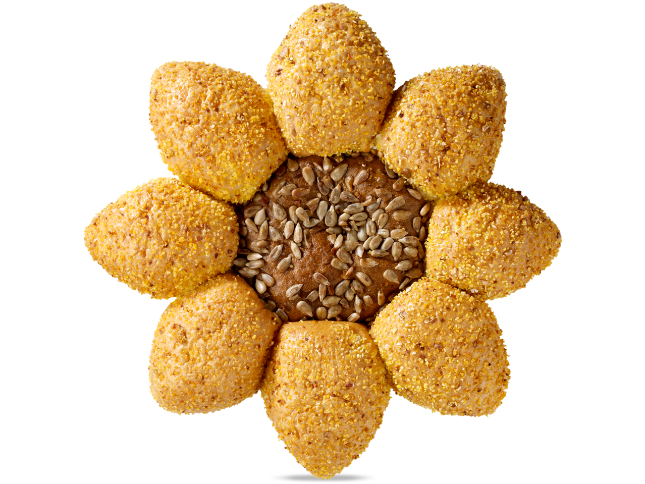 Zonnebloem- en maïsbrood in bloemvorm op een zwarte achtergrond.