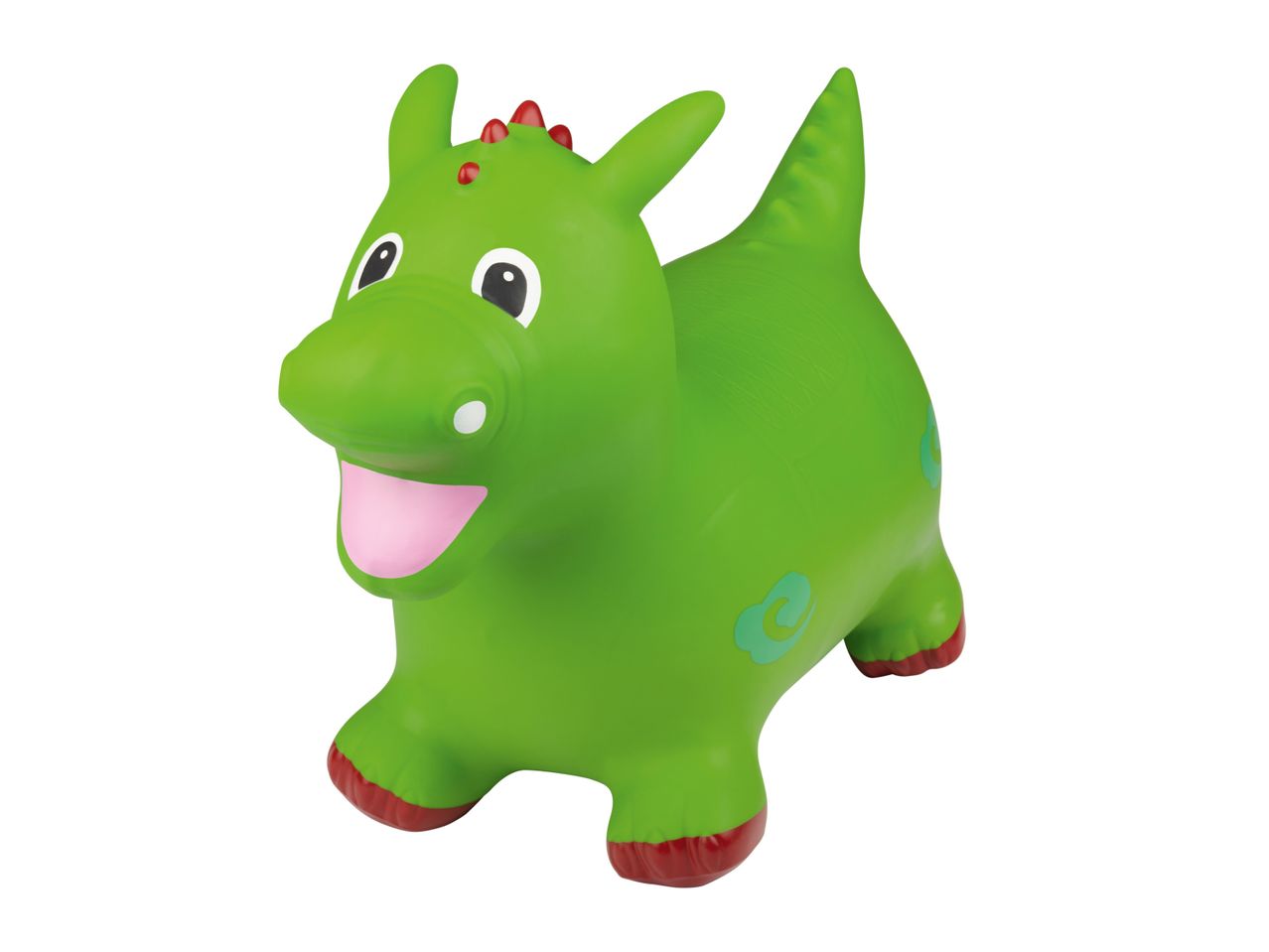 A green inflatable dragon bouncy toy.