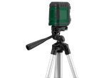 Zaļš lāzera līmeņrādis uz statīva ar melnām detaļām
