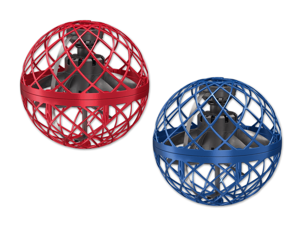 Zwei fliegende Kugeln, eine rot und eine blau, mit Propellern im Inneren.