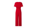 Red short-sleeved jumpsuit with a tie waist, back view.